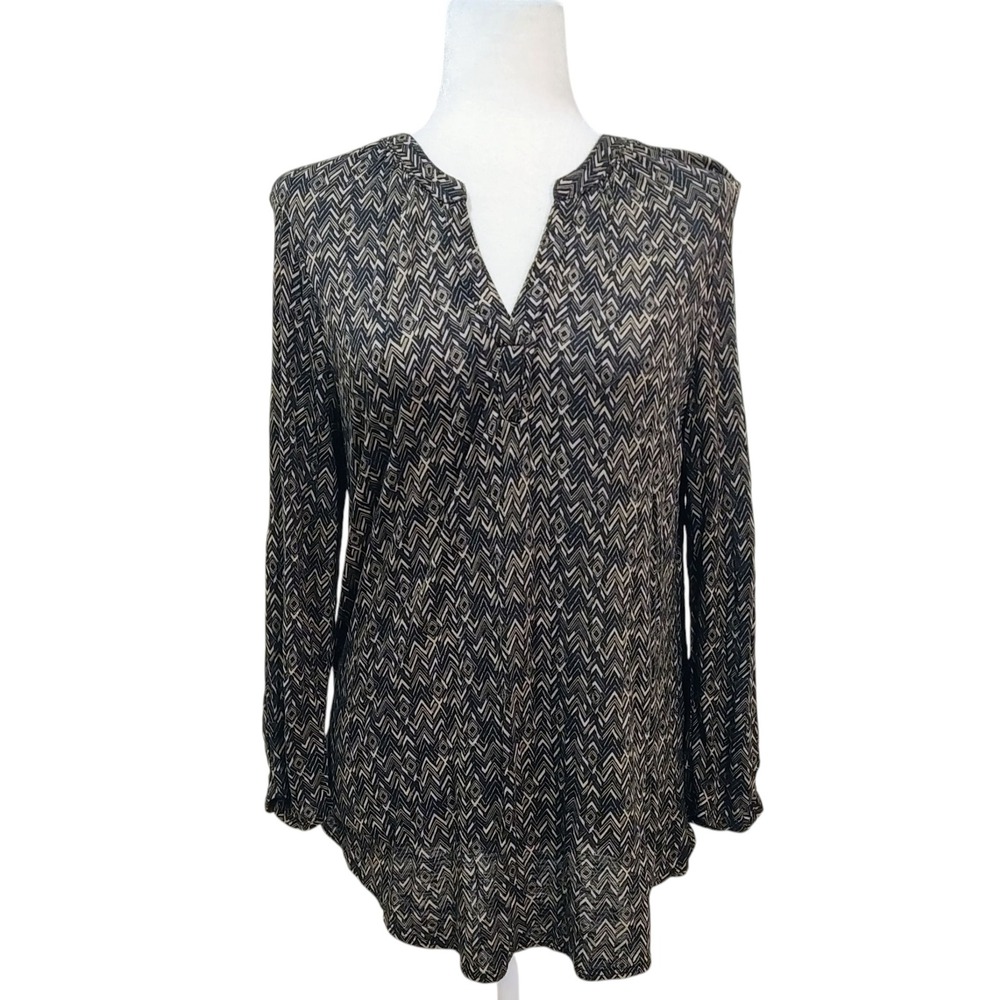 Lucky Brand Geometric Print V-Neck Long Sleeve Tunic Top Black & Beige‎ - Large